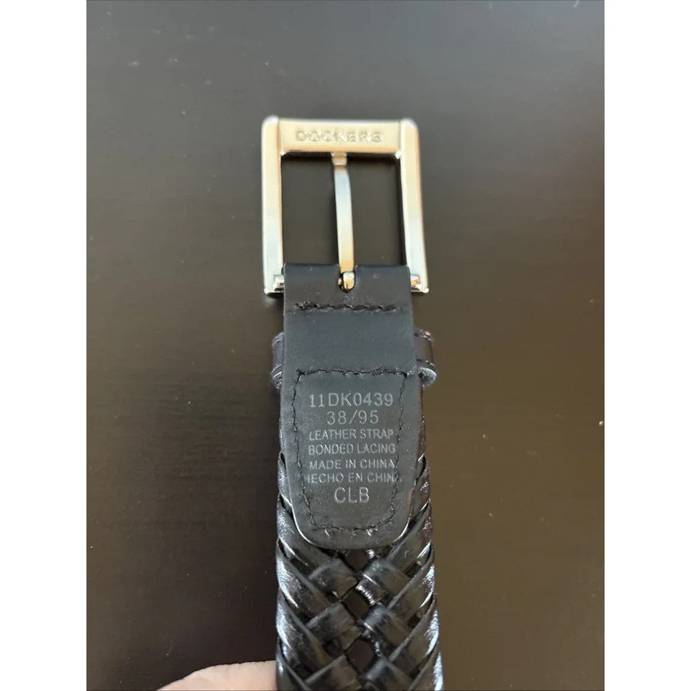 Dockers Mens Belt Size‎ 38/95 Black Leather Woven Design Silvertone Buckle